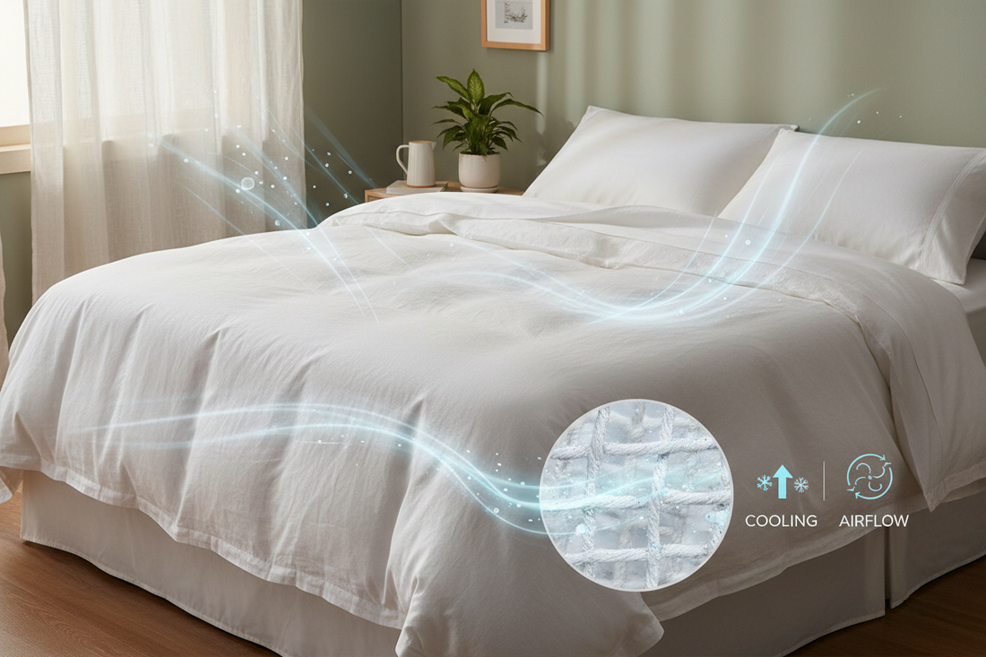 Close-up of breathable cotton bed sheets showing natural weave and airflow-friendly texture.