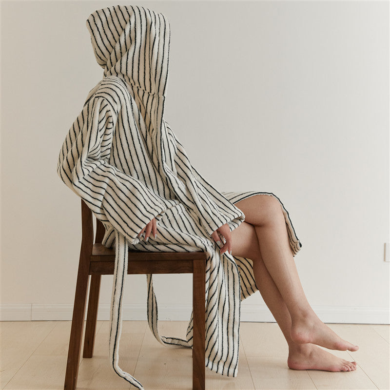 Cowace Loose Pinstriped Hooded Tie Bathrobe