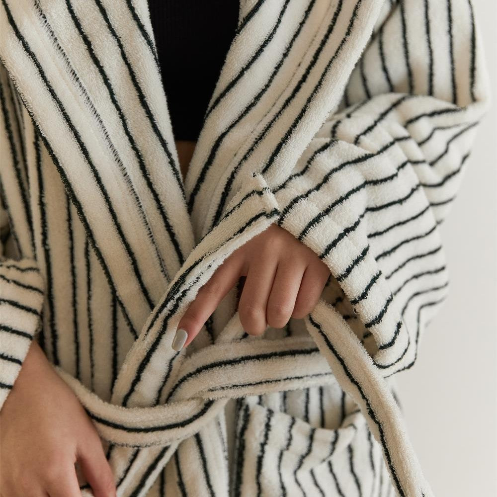 Cowace Loose Pinstriped Hooded Tie Bathrobe